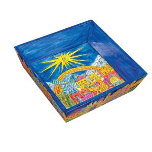 Hand Painted Wood Blue Matzah Tray, Jerusalem of Gold - by Yair Emanuel