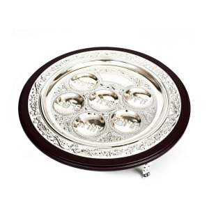 Passover Pesach Seder Plate, Silver Plate on Wood with Small Feet - Engraved Leaves