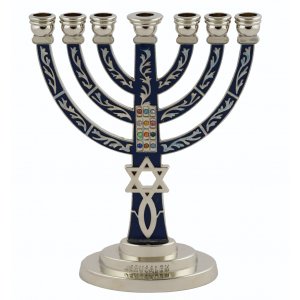 Blue & Silver 7-Branch Menorah with Fish Symbol, Star of David & Breastplate - 5.2"