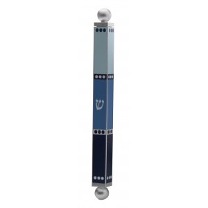 Square Tube Mezuzah Case with Knobs, Shades of Blue Stripes - Dorit Judaica