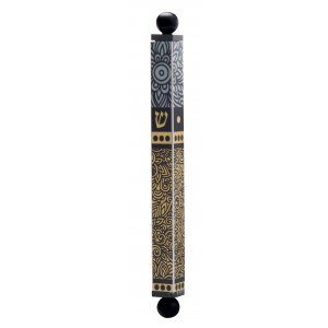Square Tube Mezuzah Case with Knobs, Gold and Gray Leaves - Dorit Judaica