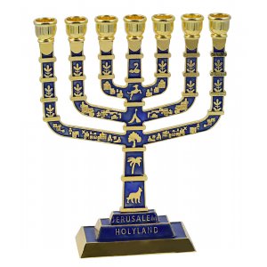 Seven Branch Menorah with Judaic & Jerusalem Motifs, Gold and Dark Blue - 9.5”