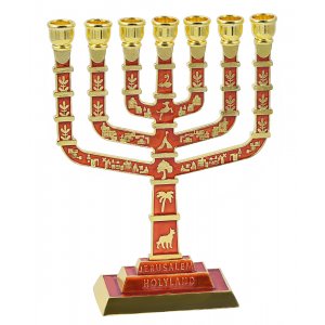 Seven Branch Menorah with Judaica Motifs and Jerusalem Images, Gold and Red - 9.5”