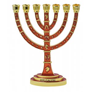 Enamel Plated Seven Branch Gold Menorah with Judaic Decorations on Red - 9.5”
