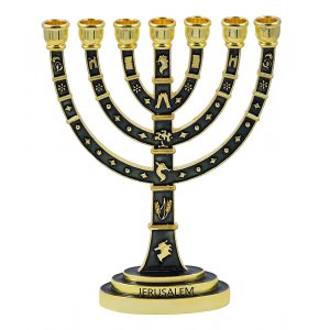 Seven Branch Menorah with Gold Judaic Images on Dark Green Enamel – 9.5”