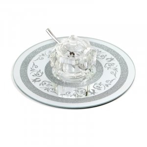 Crystal Honey Bowl with Spoon and Lid on Round Crushed Glass Decorative Tray