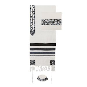 Black and Gray Embroidered Mosaic Stars of David Prayer Shawl Set - Yair Emanuel