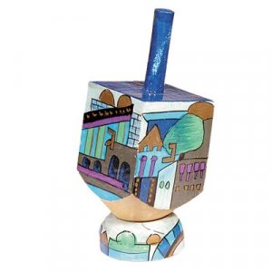 Hand Painted Wood Dreidel on Stand with Blue Jerusalem Images Small - Yair Emanuel