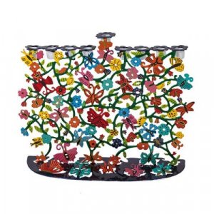 Hand Painted Colorful Hanukkah Menorah of Flowers and Butterflies - Yair Emanuel