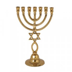 Star of David and Fish Symbol 7-Branch Menorah", 9.4"High - Yair Emanuel