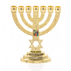 Decorative Small Seven Branch Menorah with Breastplate & Star of David, Gold - 4”