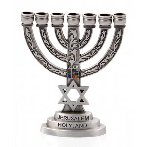 Decorative Small Seven Branch Menorah with Star of David & Breastplate, Pewter - 4”