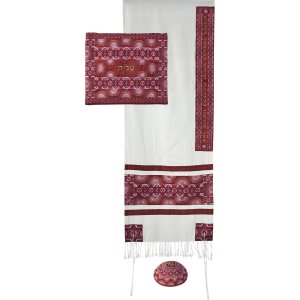 Embroidered Silk and Cotton Tallit Set, Red and Pink Stars of David - Yair Emanuel