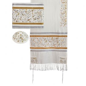 Embroidered Silk Cotton Tallit, Trees Birds and Matriarchs, Gold - Yair Emanuel