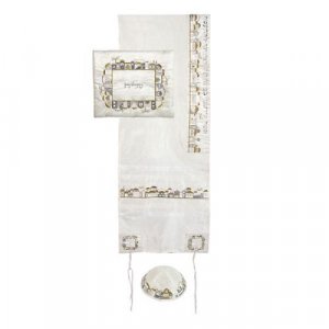 White Polysilk Tallit Set Embroidered Jerusalem Design, Gold and Silver - Yair Emanuel