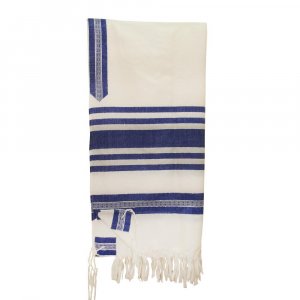 Handwoven White Wool Tallit Set with Blue and Silver Stripes - Gabrieli
