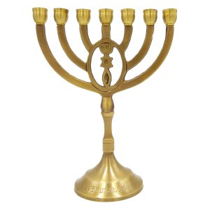 Grafted In Design on 7 Branch Menorah, Antique Look on Dark Gold Brass - 8"