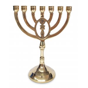 Oval Framed Grafted In Design on Gleaming Gold Brass Seven Branch Menorah - 8"