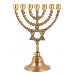 Small Antique Dark Gold Brass Seven Branch Menorah, Star of David on Stem - 7.5"