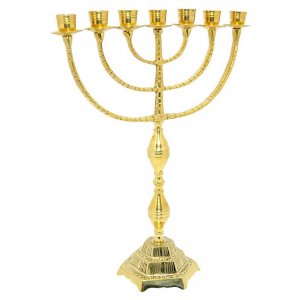 Decorative Seven Branch Menorah, Gleaming Gold Brass – 16"