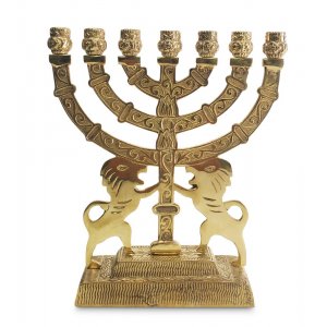 Decorative Seven Branch Menorah with Prancing Lions, Gold Colored Brass – 9”