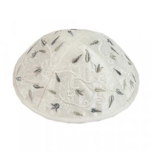 Yair Emanuel White Kippah Embroidered with Silver Flowers