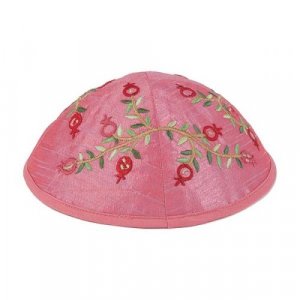 Pink Kippah with Embroidered Red Pomegranates - Yair Emanuel