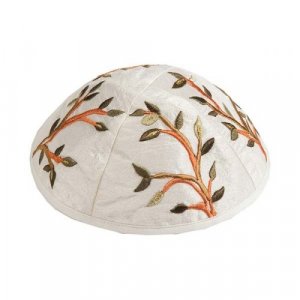 Embroidered Kippah with Tree of Life Design in Gold and Shades of Green - Yair Emanuel