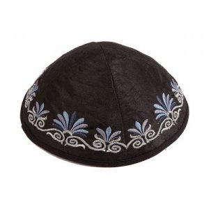 Embroidered Kippah with Date Palm Design, Black - Yair Emanuel