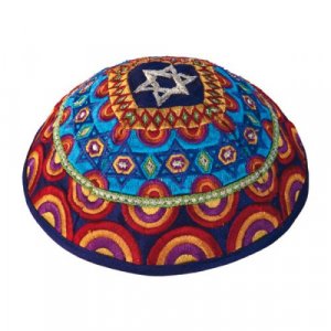 Embroidered Kippah with Stars of David in Blue and Red - Yair Emanuel