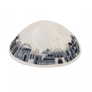 Embroidered Kippah, Black and Gray Jerusalem Images on White - Yair Emanuel