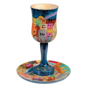 Hand Painted Large Wood Cup with Coaster, Jerusalem Views - Yair Emanuel