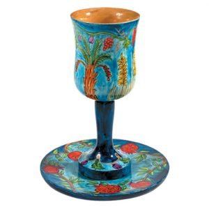 Hand Painted Large Wood Kiddush Cup with Coaster, Seven Species - Yair Emanuel