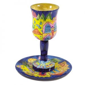 Hand Painted Wood Stem Kiddush Cup and Plate, Golden Jerusalem - Yair Emanuel