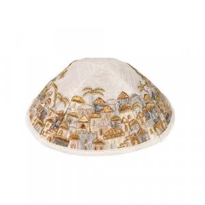 Embroidered Kippah, Jerusalem Vistas in Gold and Silver - Yair Emanuel