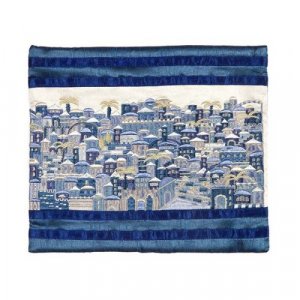 Tallit Bag Embroidered with Panoramic Jerusalem, Blue - Yair Emanuel