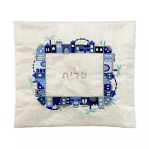 Embroidered Tallit and Tefillin Bags, Blue on Off-White Jerusalem Images - Yair Emanuel