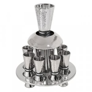 Hammered Nickel Kiddush Fountain Set, 8 Cups, Silver and Gray Rings - Yair Emanuel