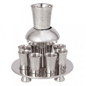 Hammered Nickel Kiddush Fountain Set with Eight Cups, Silver Bands - Yair Emanuel