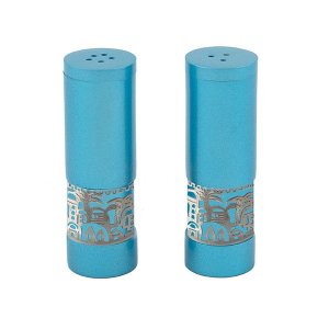 Turquoise Aluminum Salt and Pepper Shaker Set with Ornate Jerusalem Band - Yair Emanuel