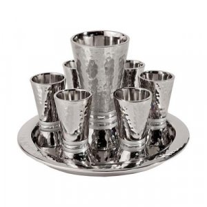 Hammered Nickel Kiddush Goblet and Six Cups with Tray, Silver - Yair Emanuel