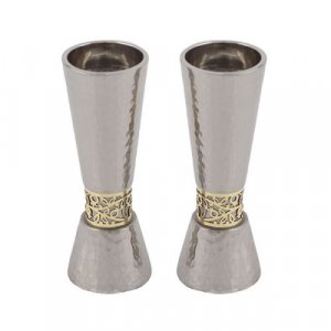 Hammered Silver Cone Candlesticks with Gold Pomegranates Band - Yair Emanuel