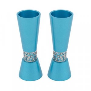 Cone Shaped Candlesticks with Silver Pomegranate Band, Teal - Yair Emanuel