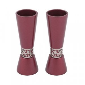 Cone Shaped Candlesticks with Silver Pomegranate Band, Maroon - Yair Emanuel