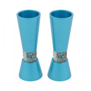 Cone Shaped Candlesticks with Decorative Jerusalem Band, Turquoise - Yair Emanuel