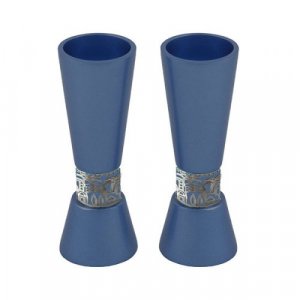 Cone Shaped Candlesticks with Silver Jerusalem Band, Blue - Yair Emanuel