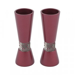 Cone Shaped Candlesticks with Silver Jerusalem Band, Maroon - Yair Emanuel