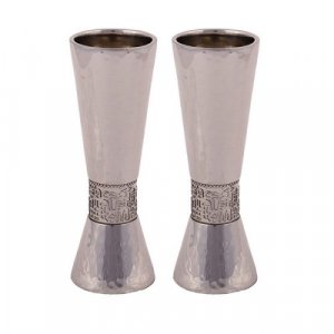 Cone Shaped Silver Candlestick with Hammered Silver Jerusalem Band - Yair Emanuel