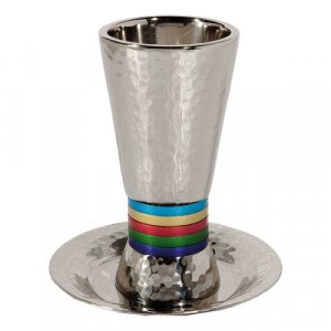 Hammered Nickel Cone Kiddush Cup Set, Colored Rings - Yair Emanuel