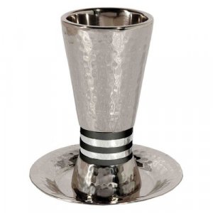 Hammered Nickel Kiddush Cup Set, Black and Silver Rings - Yair Emanuel